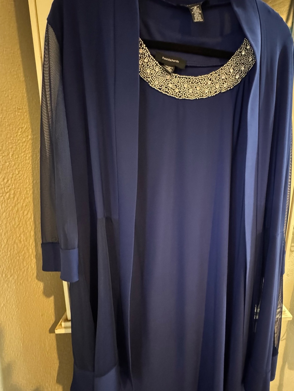 R & M Richards Beaded-Neckline Royal Blue Long Sleeve Evening Dress